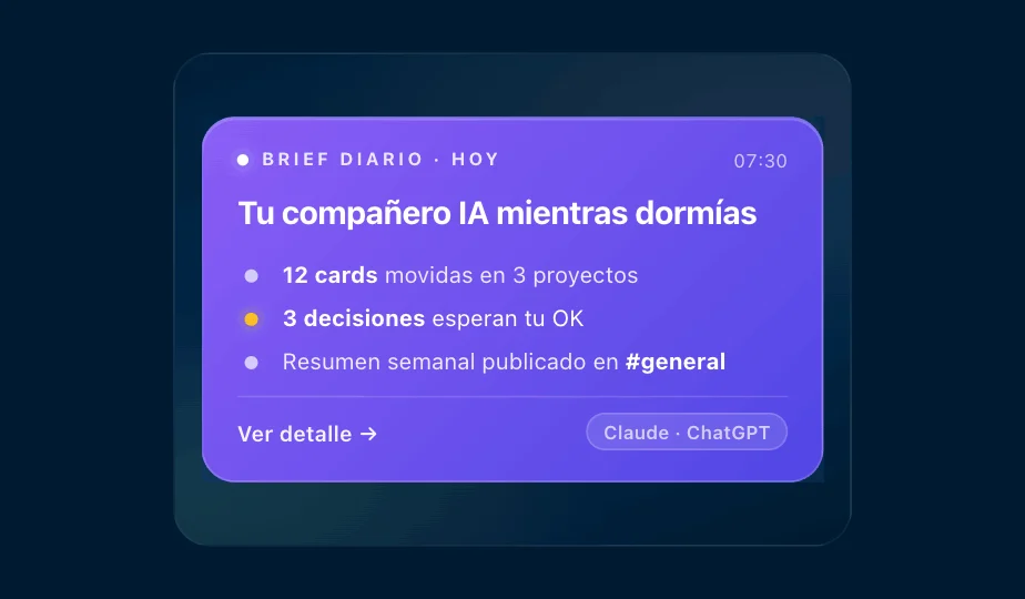 Card viola di brief giornaliero con tre bullet di riepilogo e una decisione urgente in ambra.