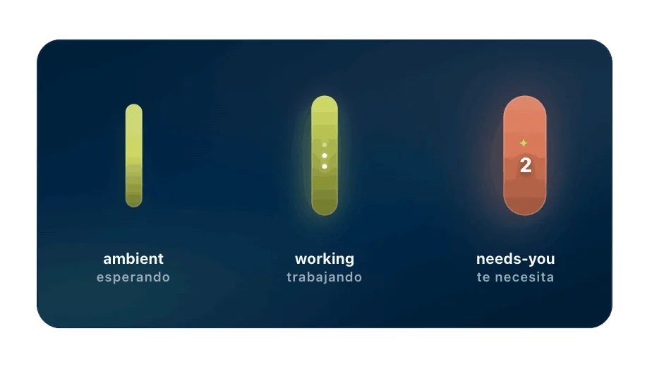 Tre stati del FAB di The Companion: ambient, working, needs-you.