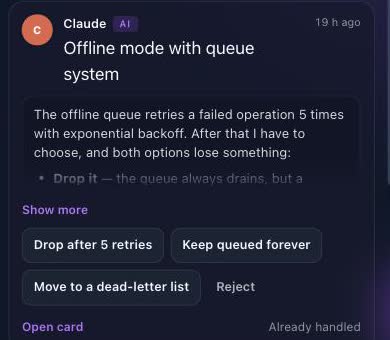 Claude bittet den Menschen zu entscheiden, was die Offline-Warteschlange nach fünf fehlgeschlagenen Versuchen tun soll — mit drei Optionen