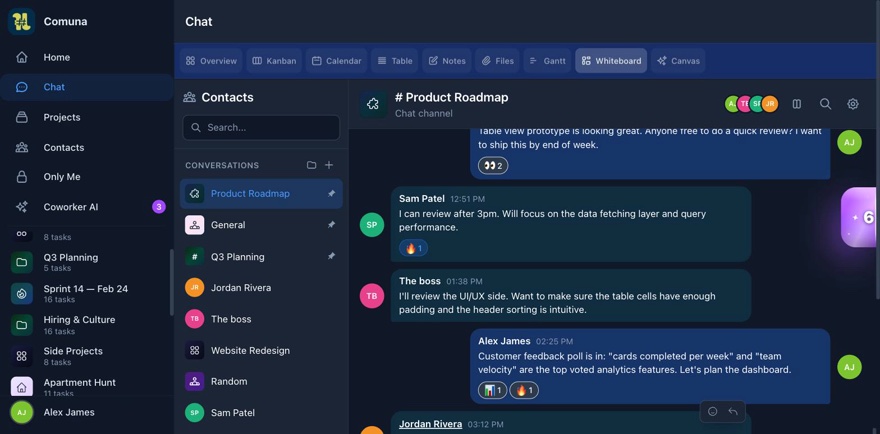 Comuna integrierter Chat mit Projektkanälen und Direktnachrichten