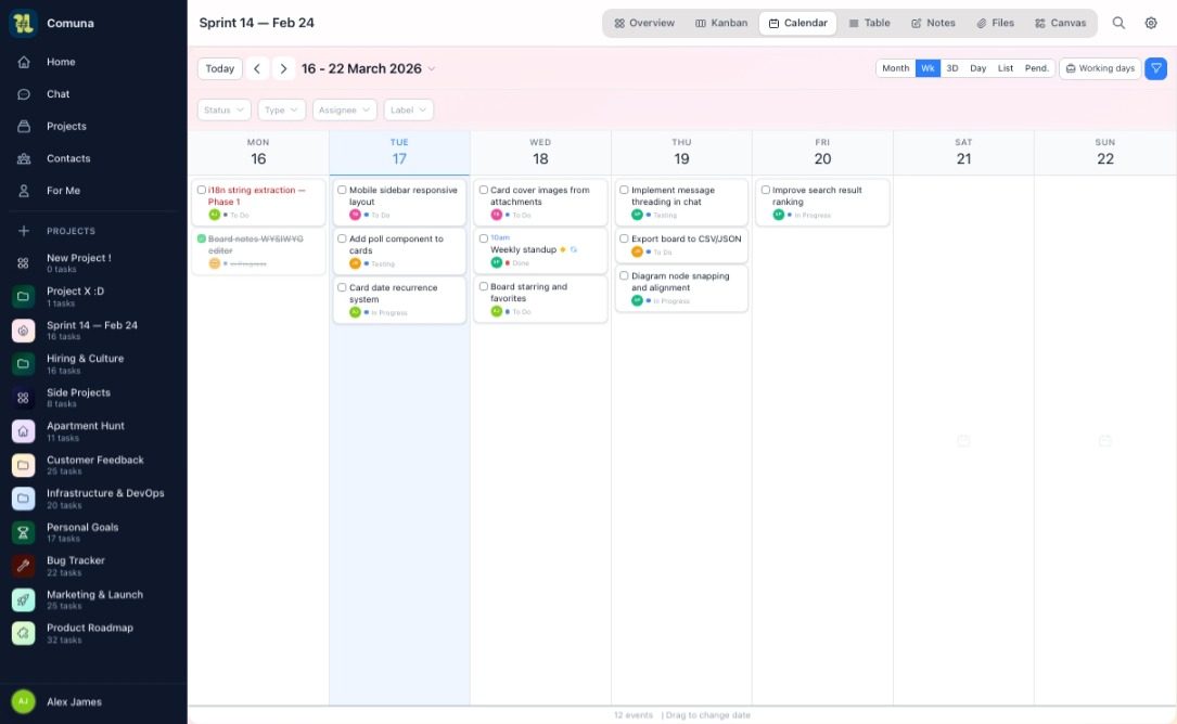 Calendario mensile di Comuna con attività distribuite per data