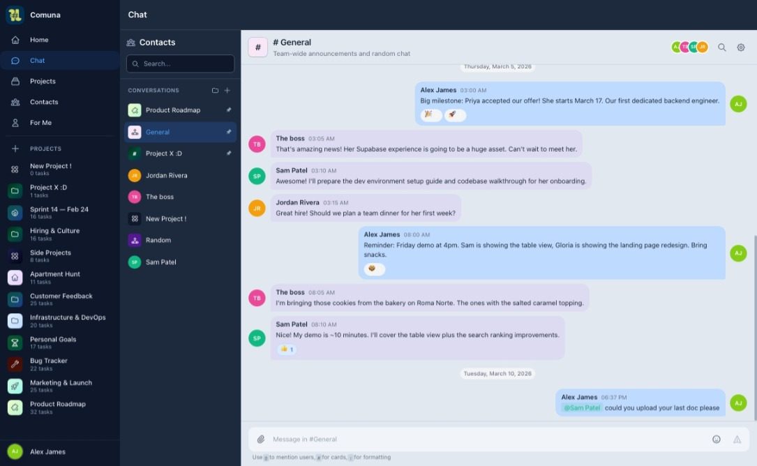 Chat integrata di Comuna con canali di progetto e messaggi diretti