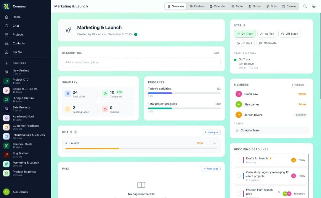 Panoramica del workspace di Comuna con più progetti organizzati per board