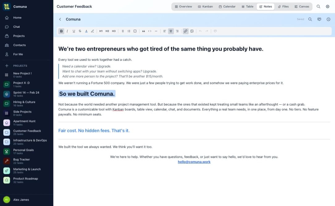 Editor di note e wiki nel workspace di Comuna